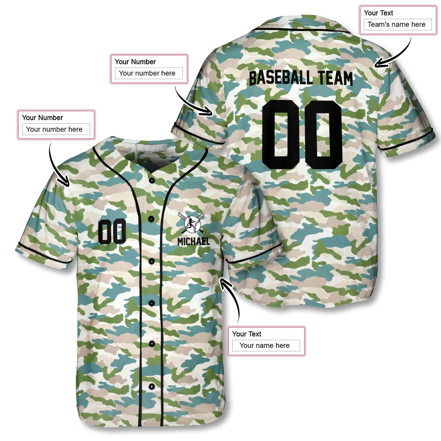 3D All Over Print Athlete Light Camo USA Custom Baseball Jersey, Baseball Jersey Shirt for Men