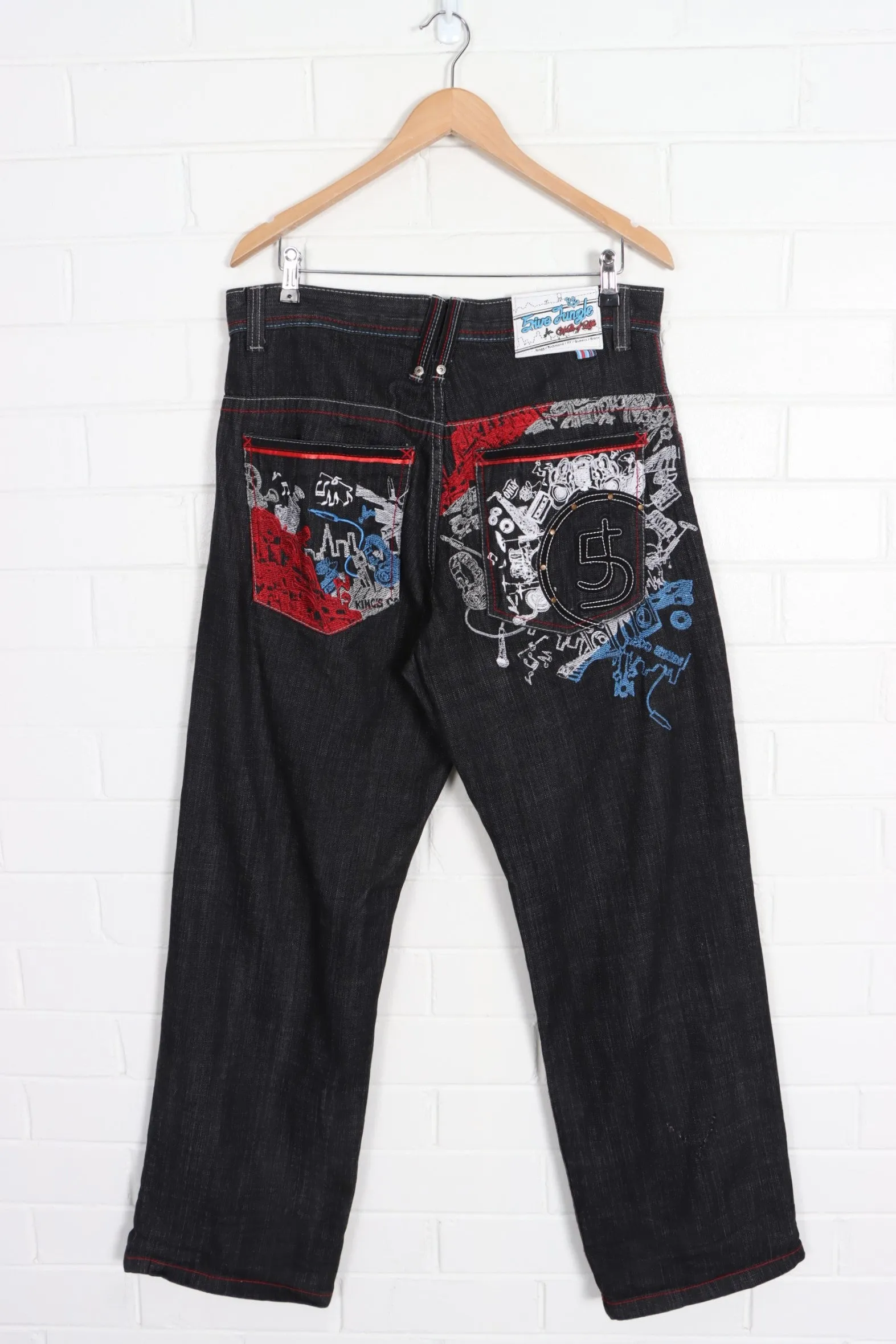 5IVE JUNGLE Contrast Stitch Y2K Embroidered Music Jeans (36)