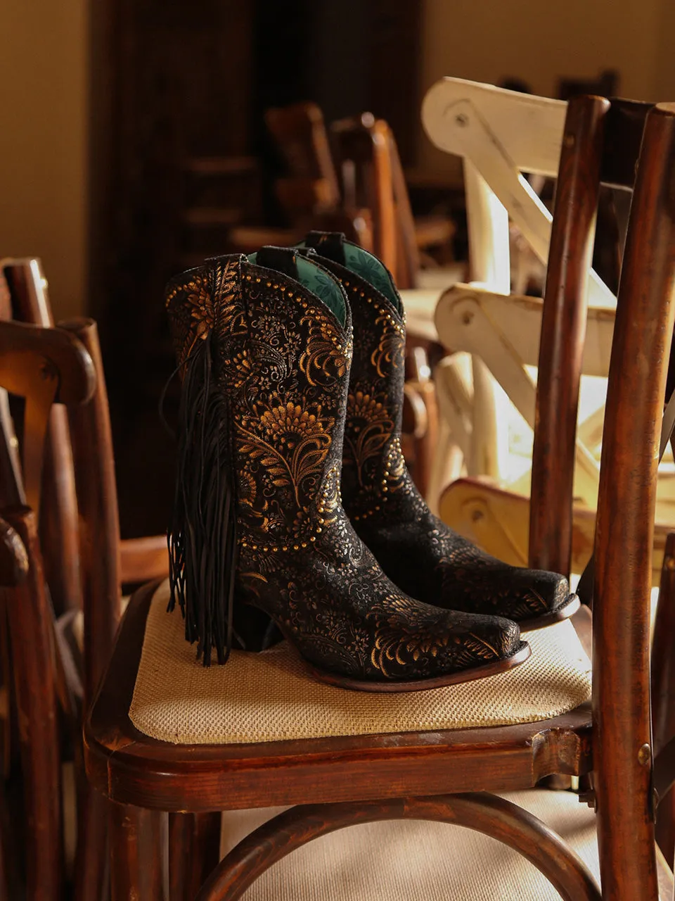 A4492 - WOMEN'S GOLD STAMPED FLORAL WITH FRINGE BLACK SUEDE NARROW SQUARE TOE ANKLE BOOT