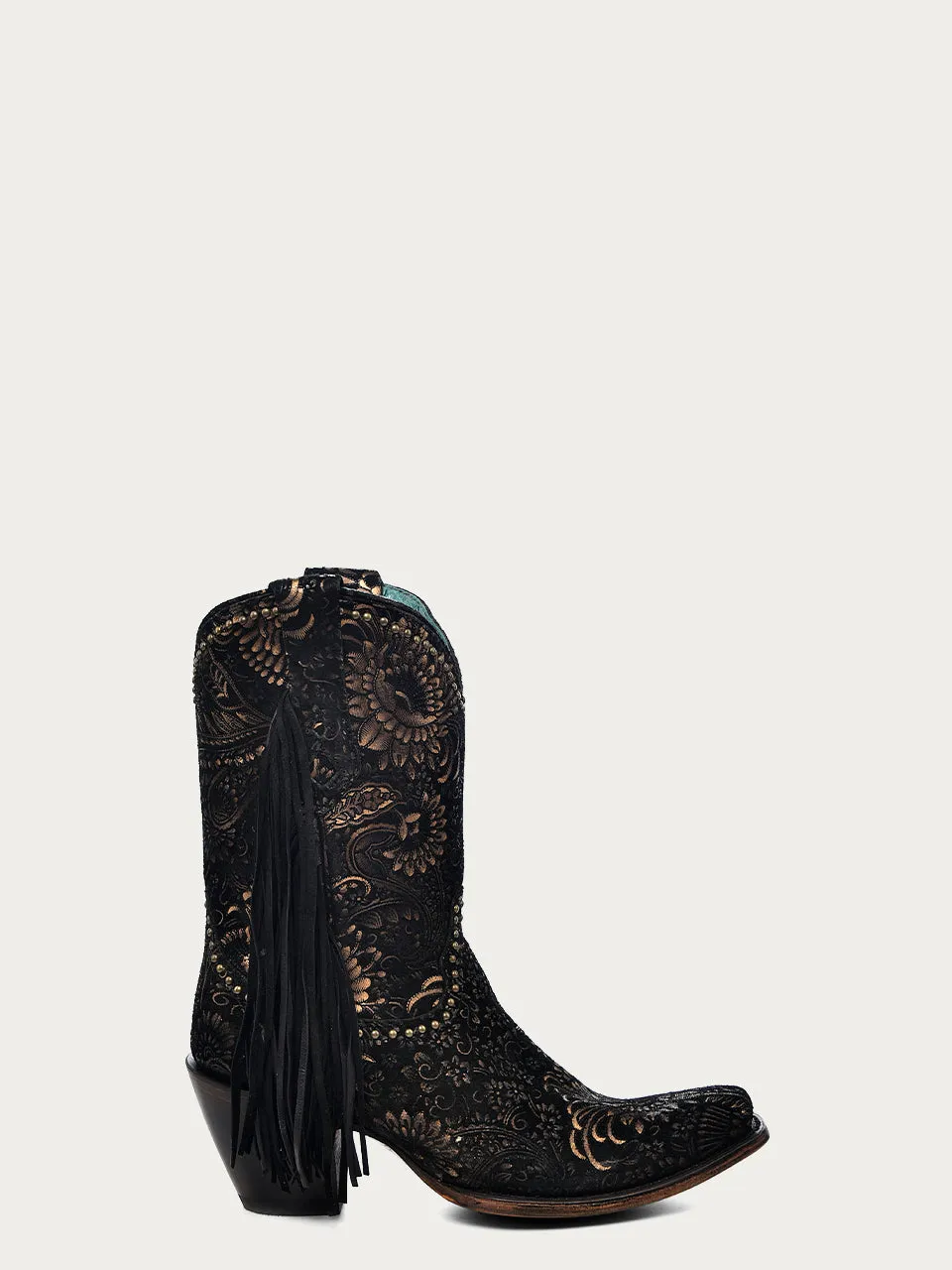 A4492 - WOMEN'S GOLD STAMPED FLORAL WITH FRINGE BLACK SUEDE NARROW SQUARE TOE ANKLE BOOT