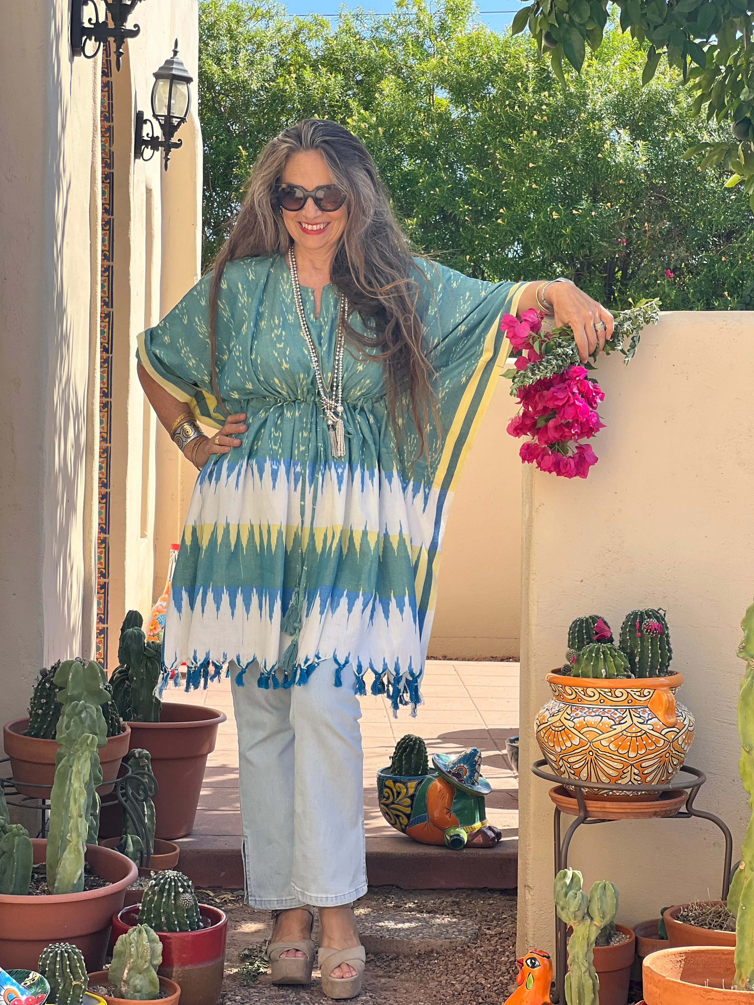 Albuquerque Cotton Ikat Kaftan Dress Handwoven