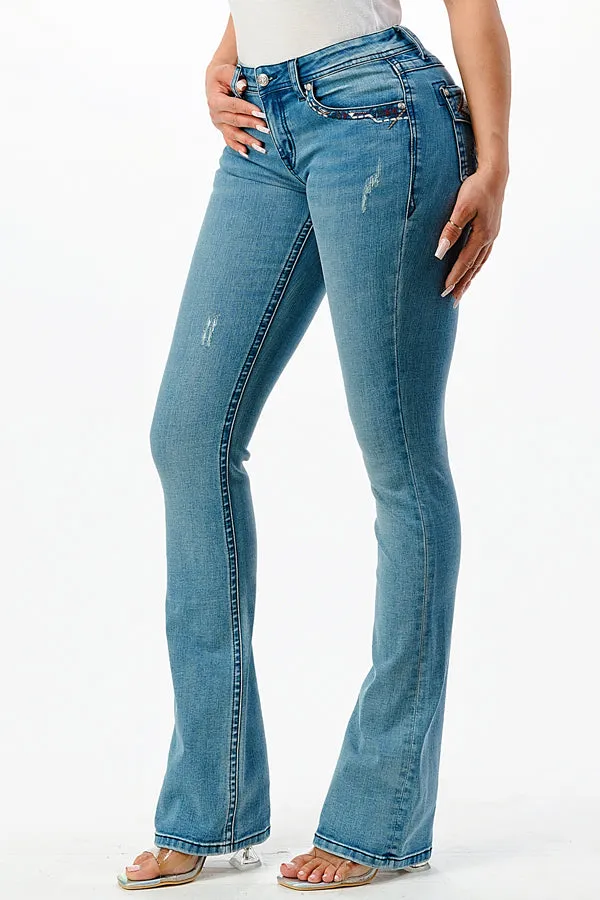 Aztec Detail Faux Flap Mid Rise Bootcut Jeans