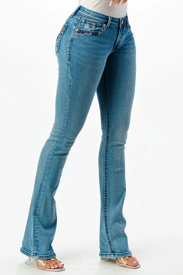 Aztec Detail Faux Flap Mid Rise Bootcut Jeans