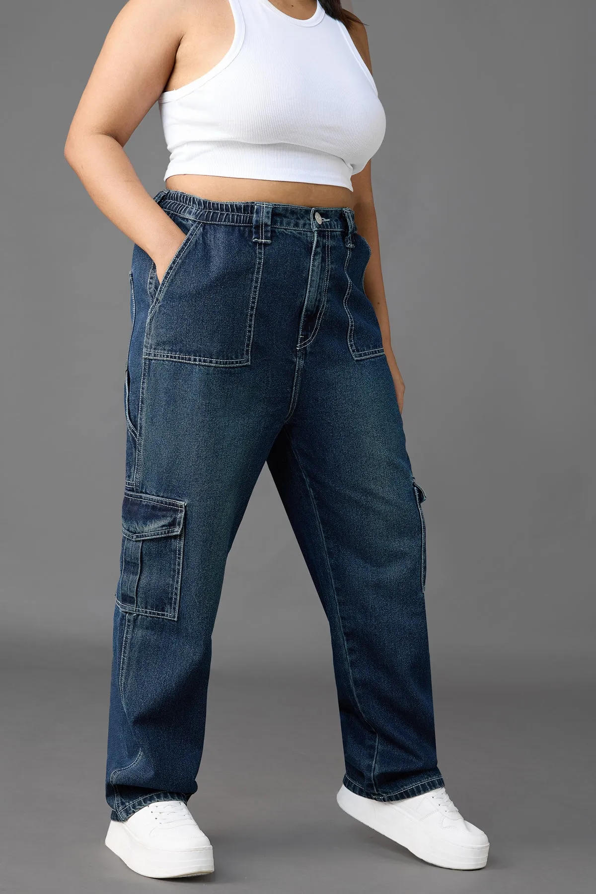 Azul Blue Straight Fit Curve Cargo Jeans