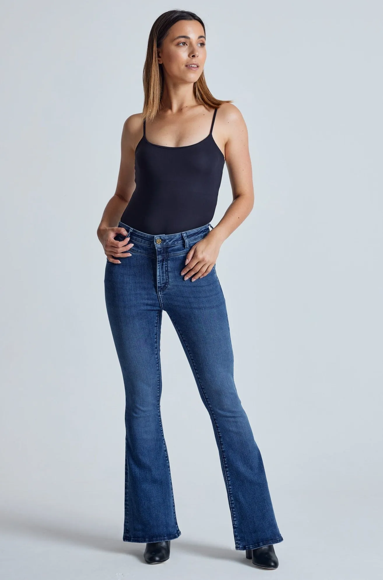 Azure Mavis High Waisted Skinny Flared Jeans - GOTS Certified Organic Cotton and Recycled Polyester