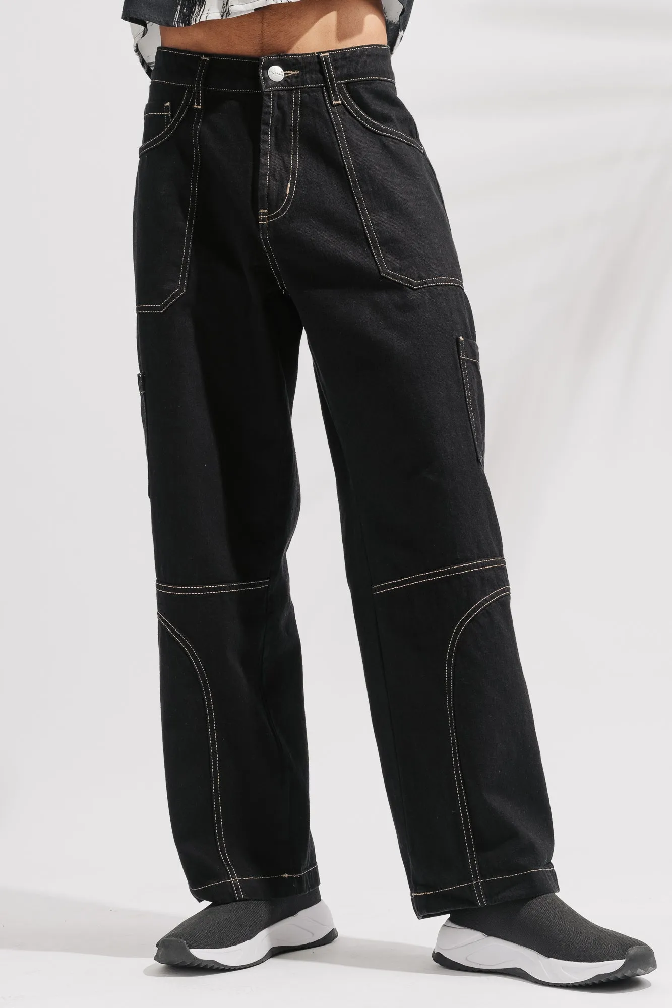 Black Contrast Seam Men's Cargo Jeans