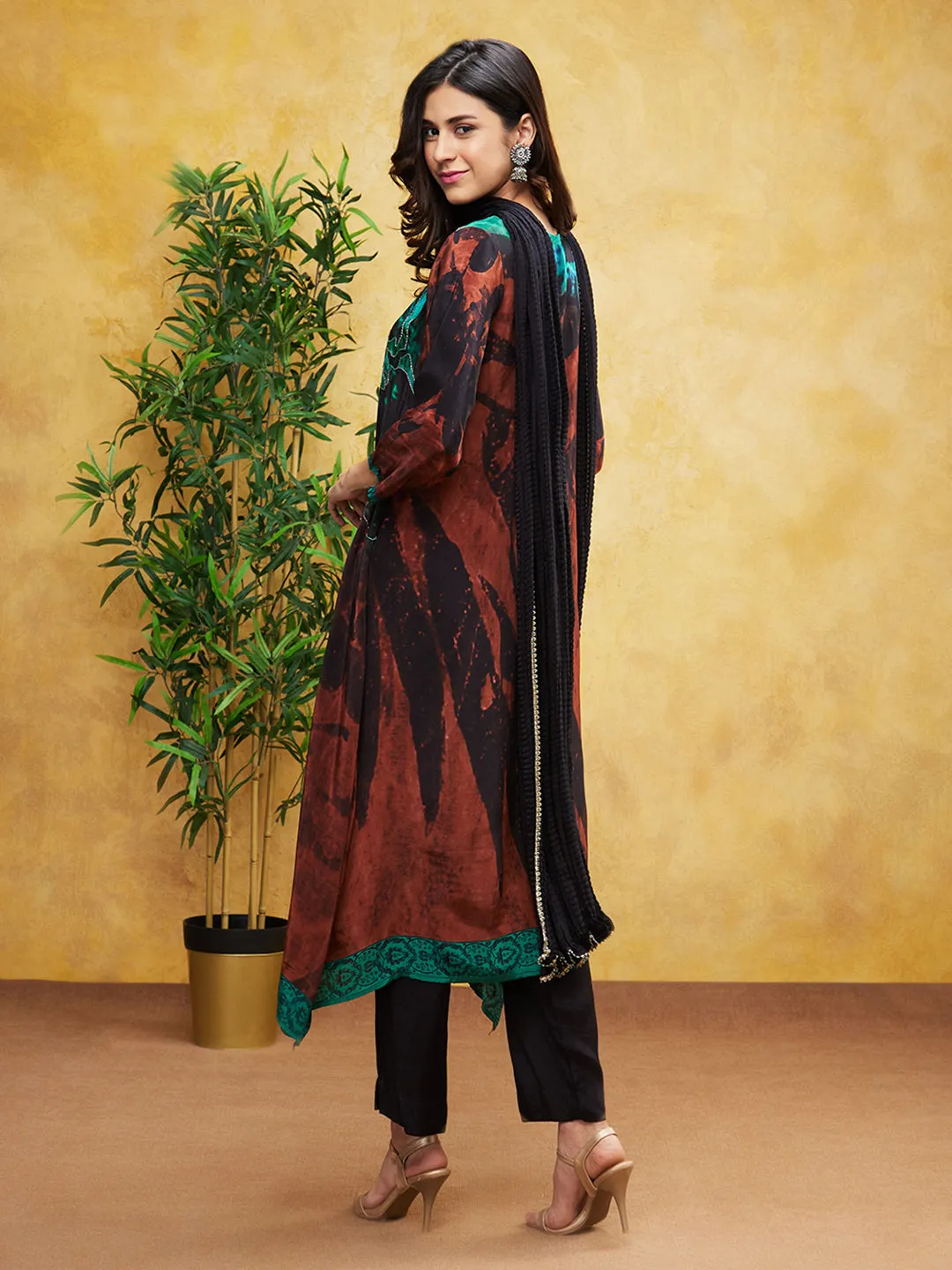 Black Digital Printed Spanish Silk Pants Set