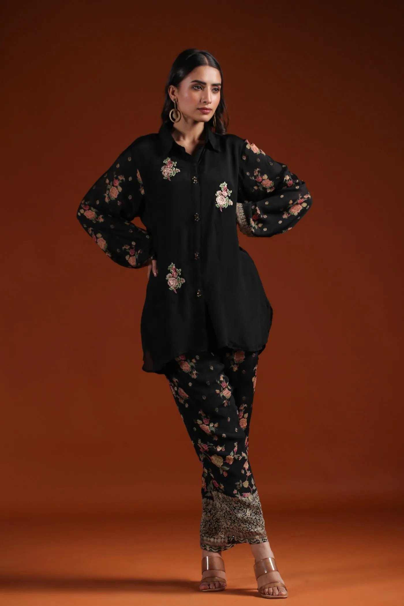 Black Floral Chinon Silk Co-ord Set