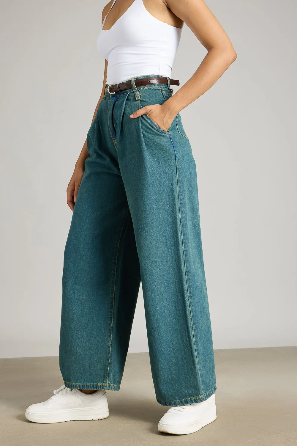 Blue Darted Wide Leg Denim Jeans