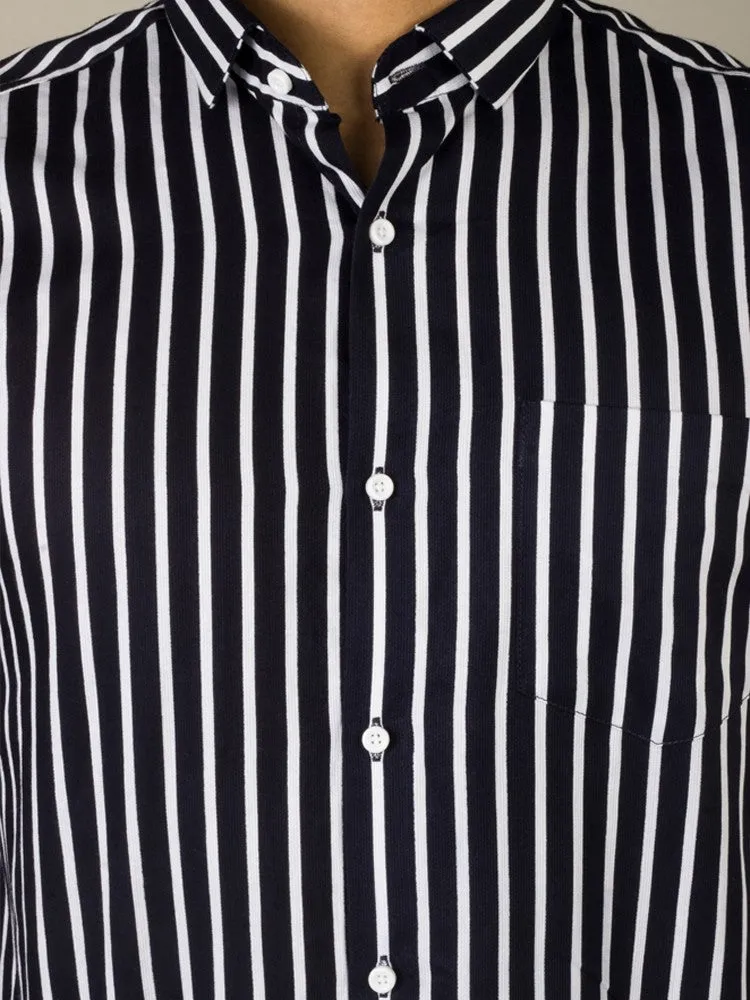 Check Shirt - Men Awning Stripes Corduroy Cotton Shirt Blue