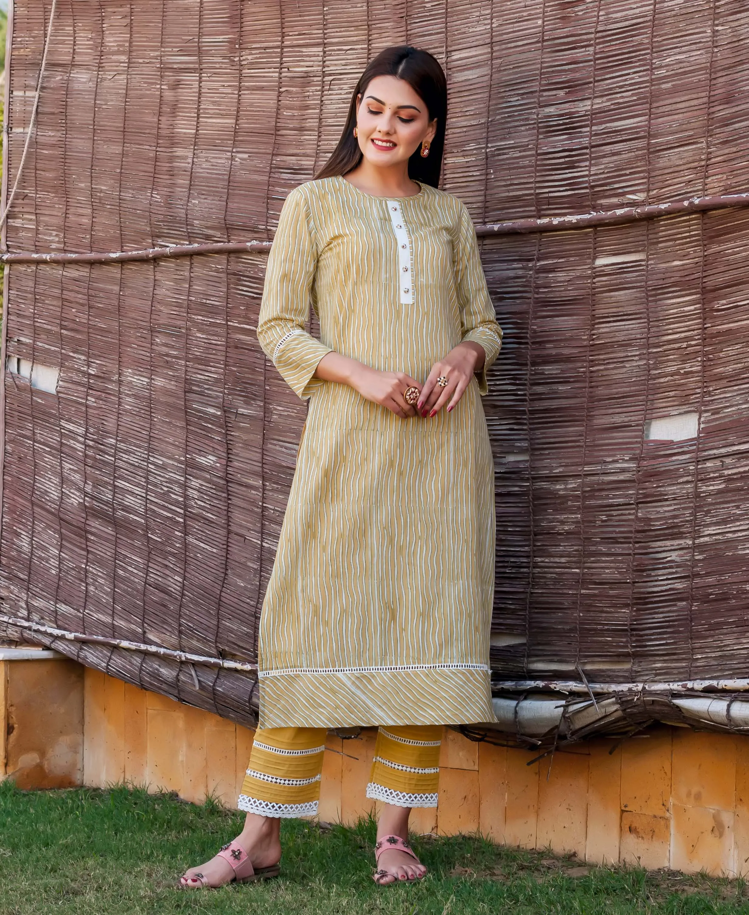 Corn Yellow Striped Printed Kurta