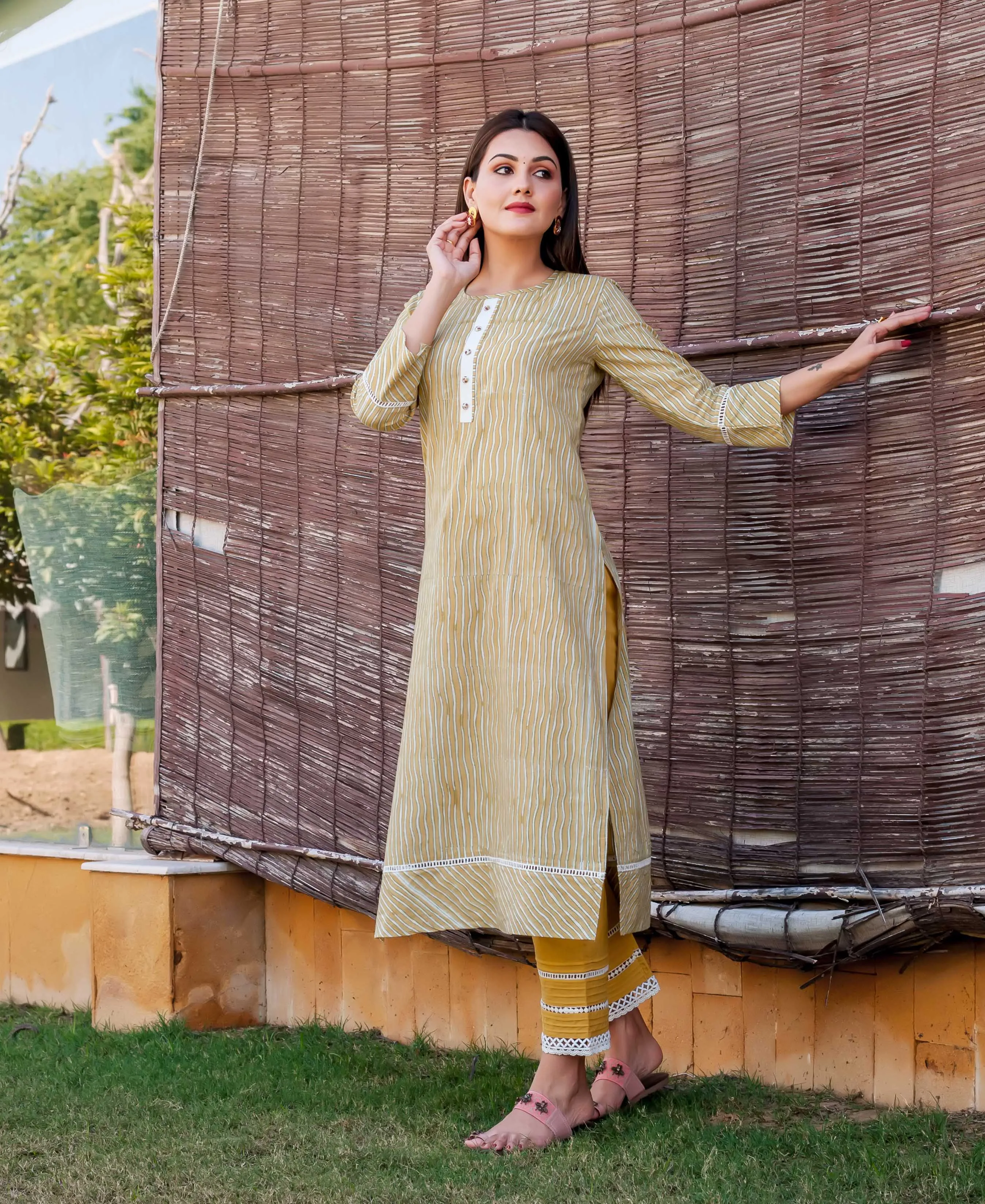 Corn Yellow Striped Printed Kurta