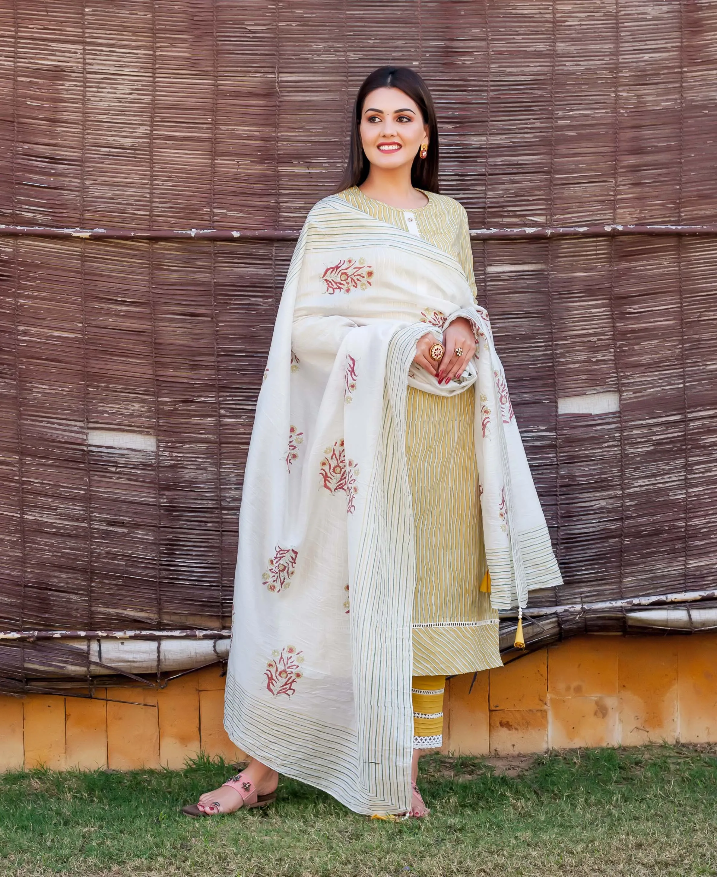 Corn Yellow Striped Printed Kurta