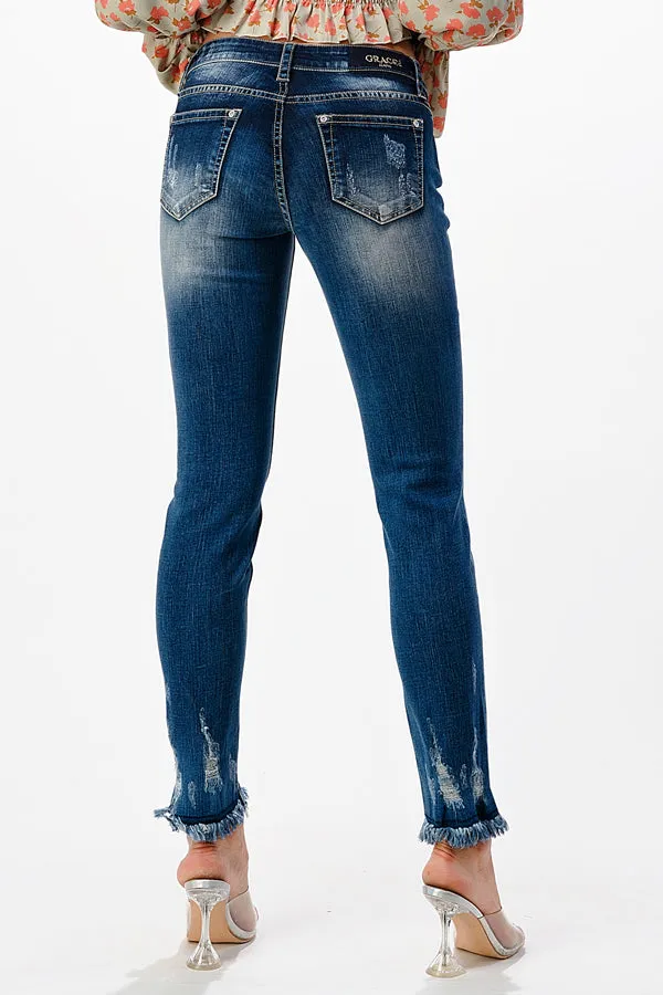 Distress with Hem Detail Med Blue Mid Rise Skinny Jeans