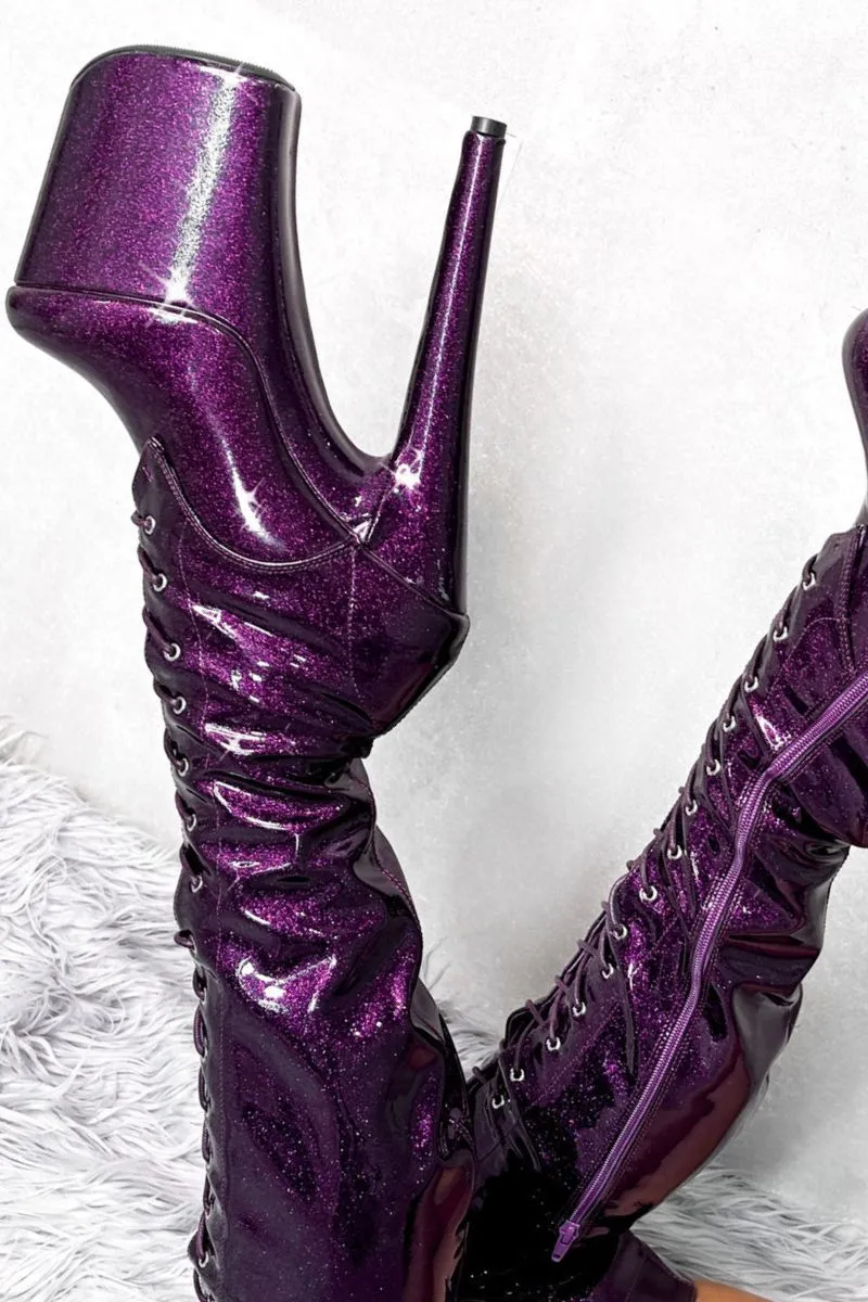 Hella Heels The Glitterati Thigh High 8inch Boots - Purple Rain