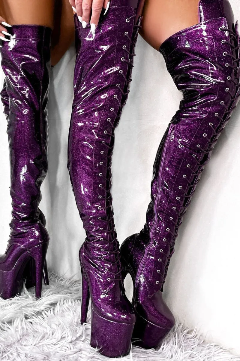 Hella Heels The Glitterati Thigh High 8inch Boots - Purple Rain