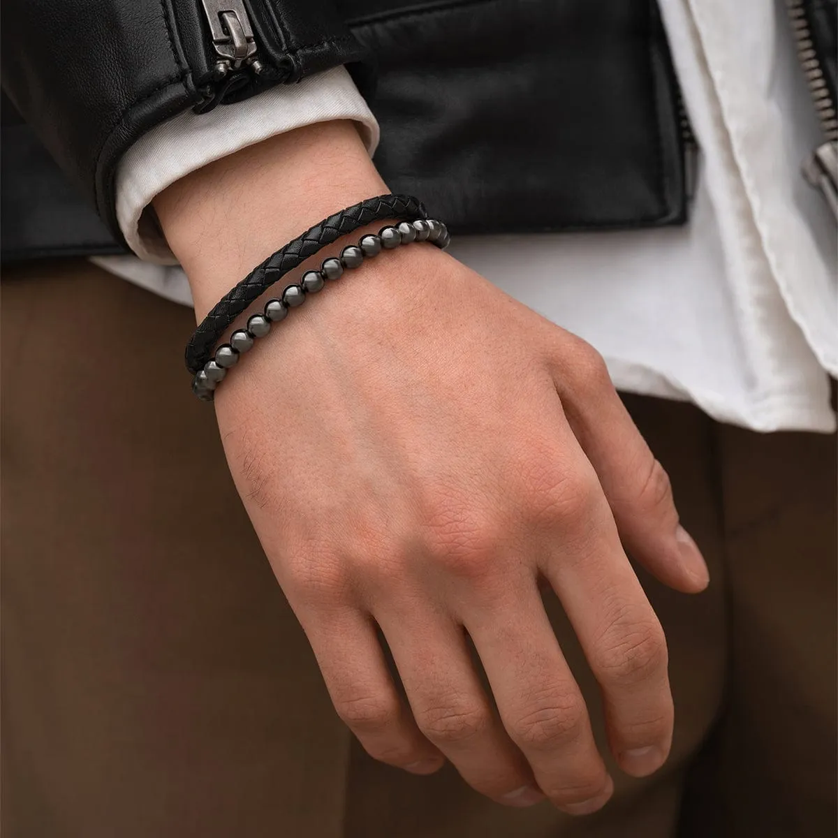 High Power Hematite Bead & Leather Magnetic Bracelet