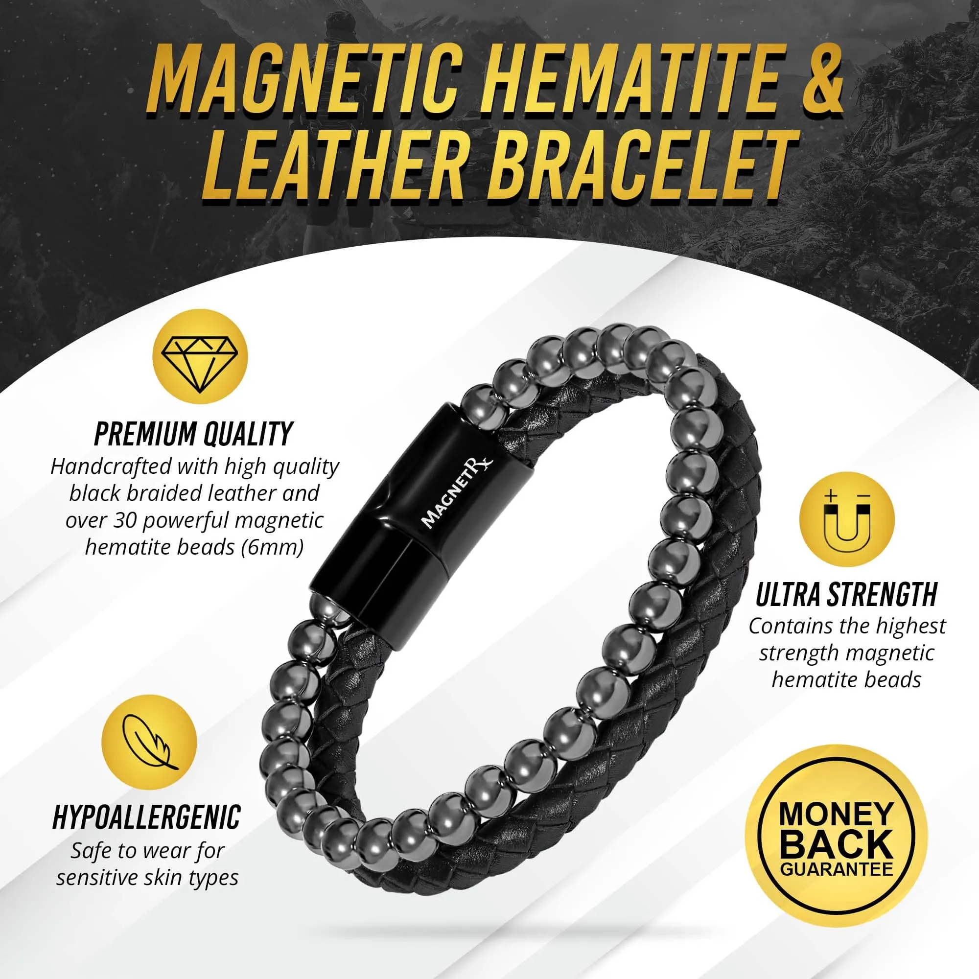 High Power Hematite Bead & Leather Magnetic Bracelet