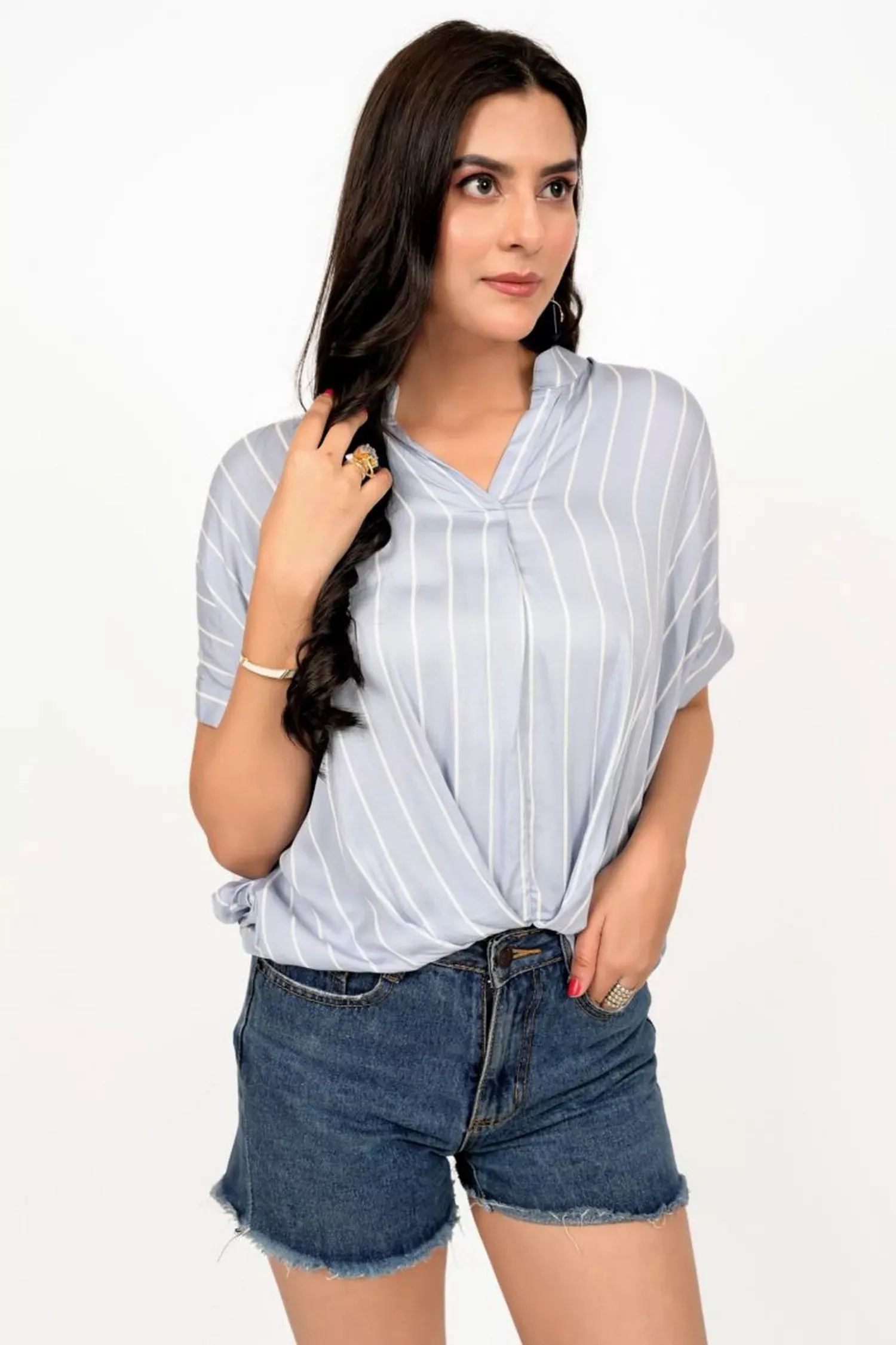 Ice Blue Striped Modal Crop Top