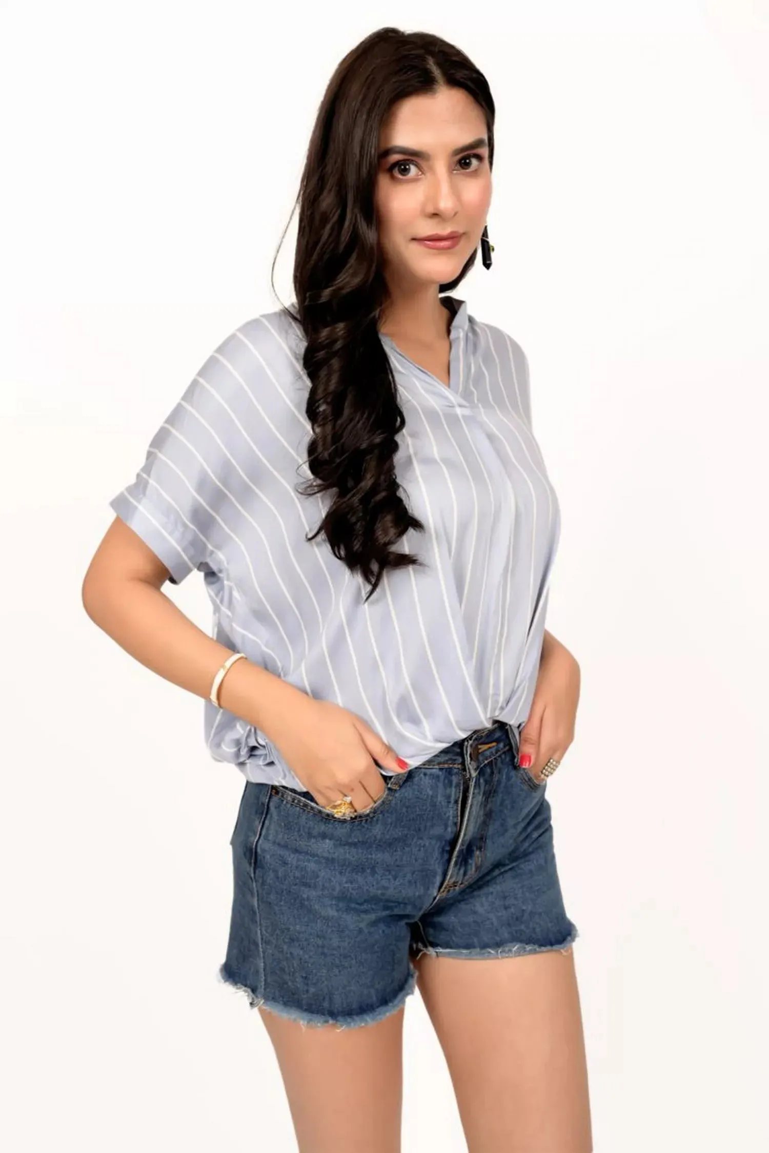 Ice Blue Striped Modal Crop Top