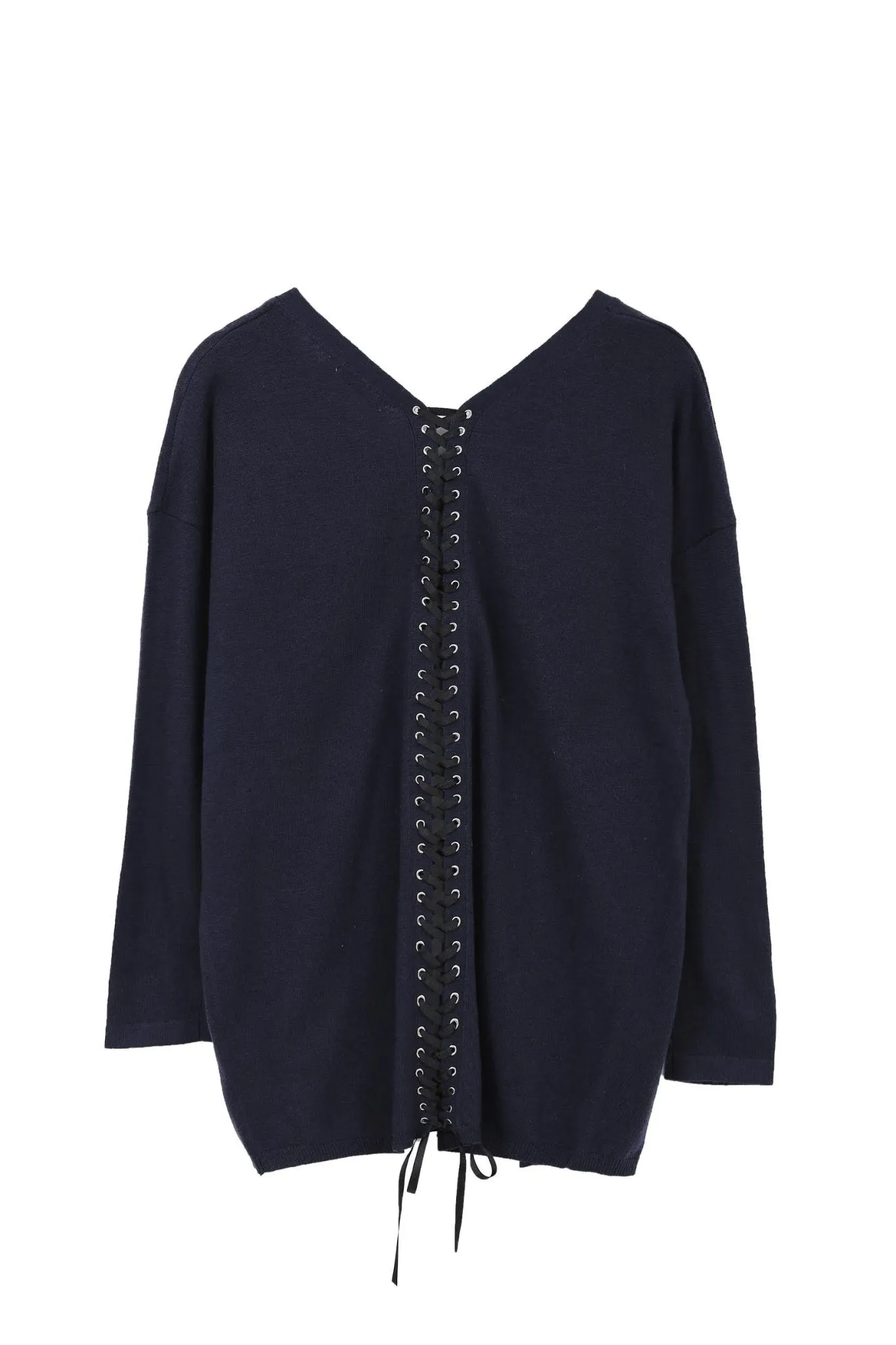 Lace-up Back Long Cardigan in Navy