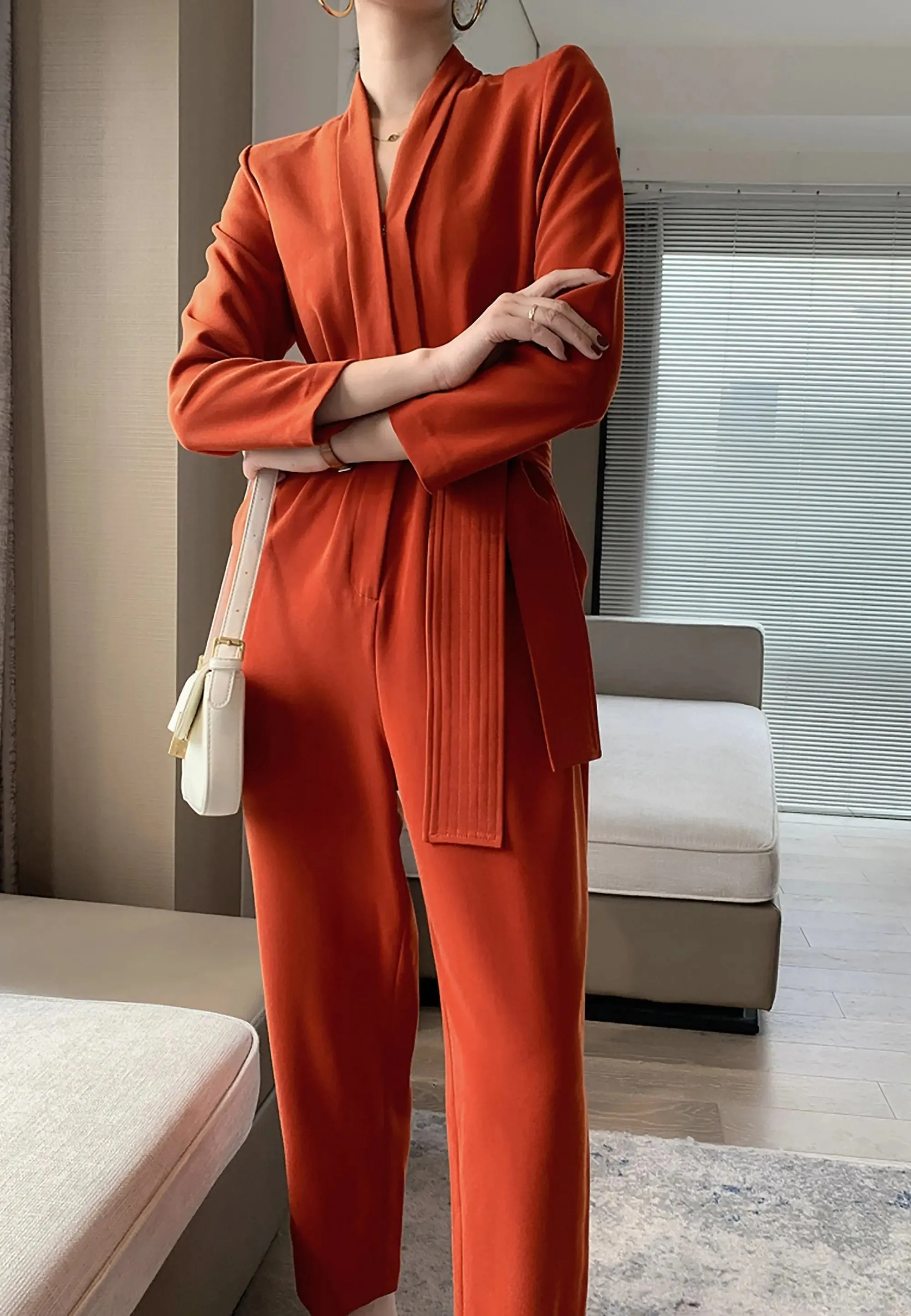 Long Sleeve Cropped Bottom Belted Jumpsuit