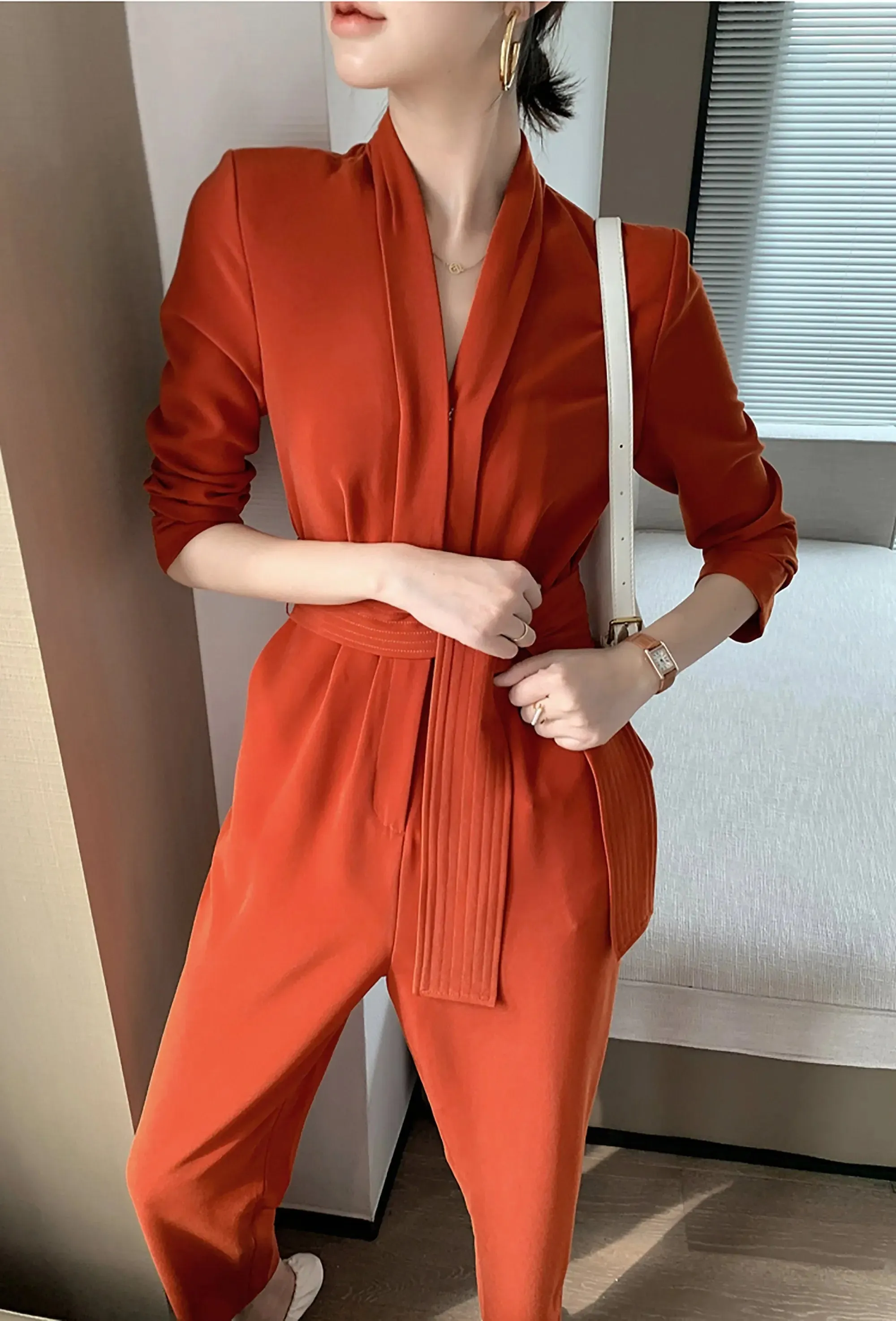 Long Sleeve Cropped Bottom Belted Jumpsuit