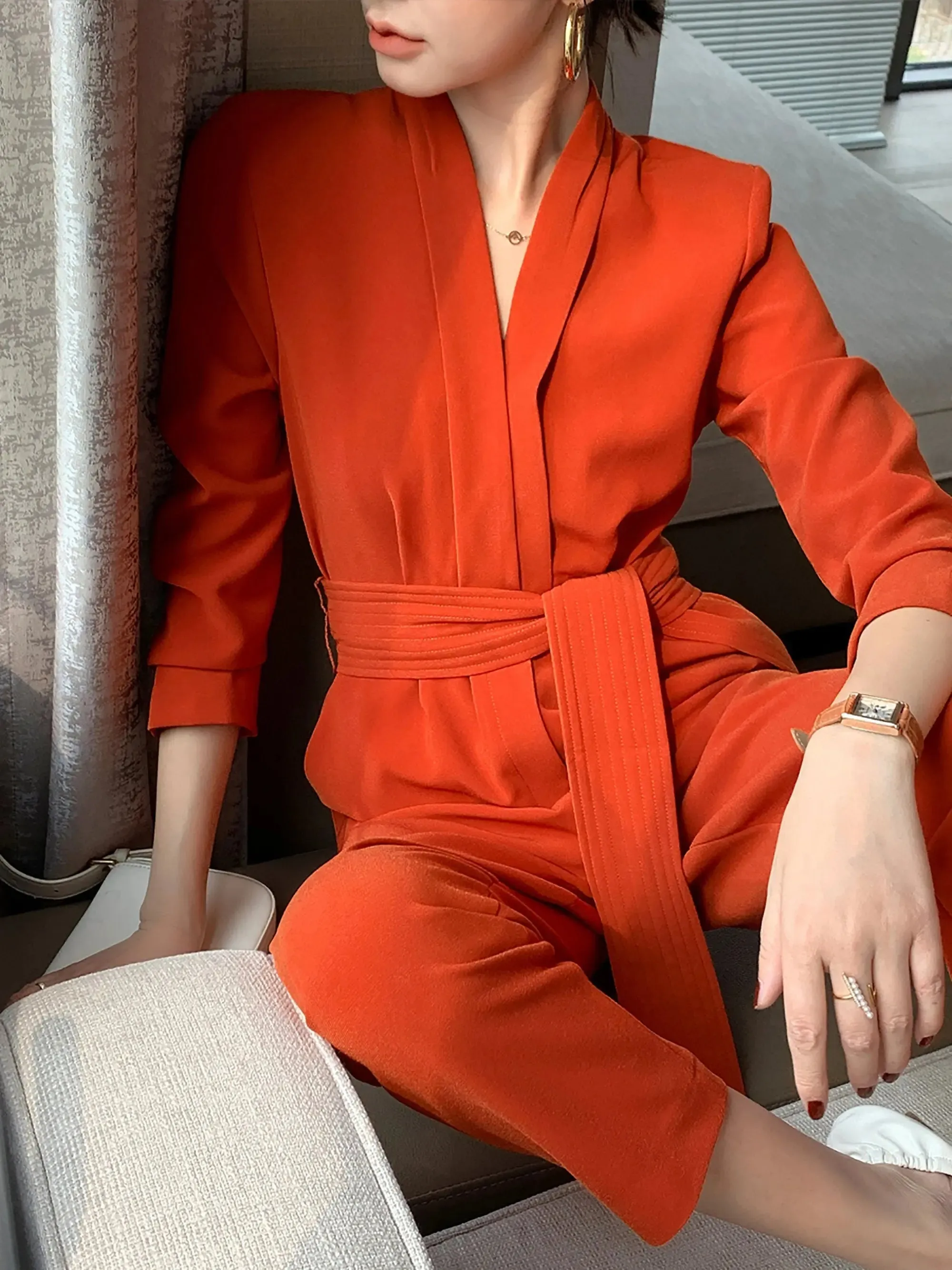 Long Sleeve Cropped Bottom Belted Jumpsuit