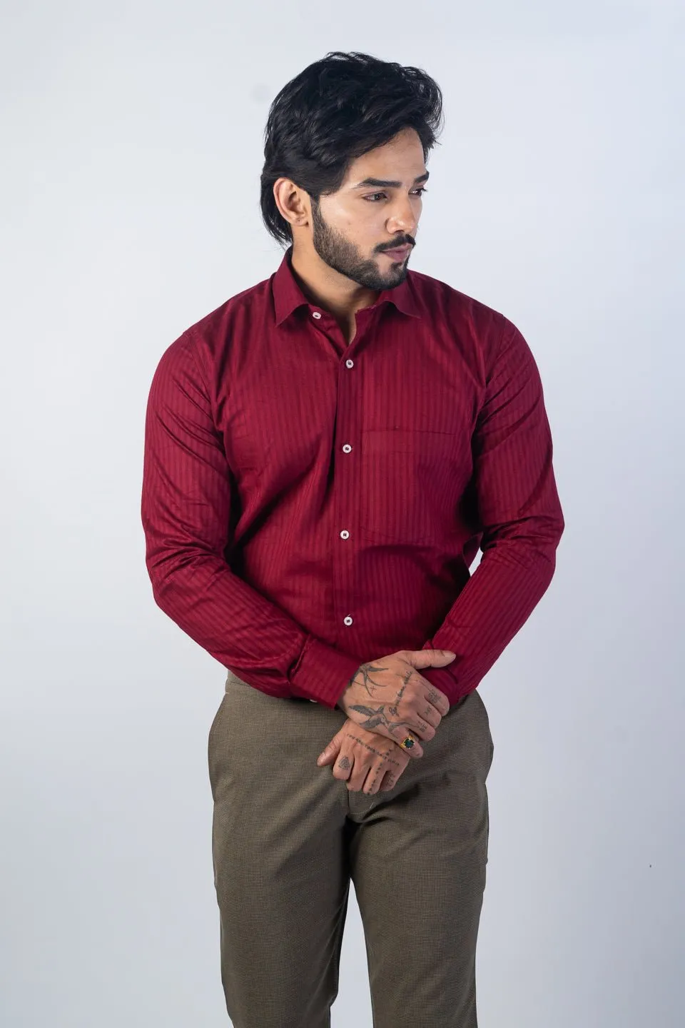 Maroon Color vertical Cotton stripe Shirt For Men