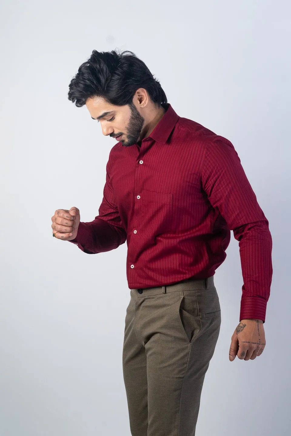 Maroon Color vertical Cotton stripe Shirt For Men