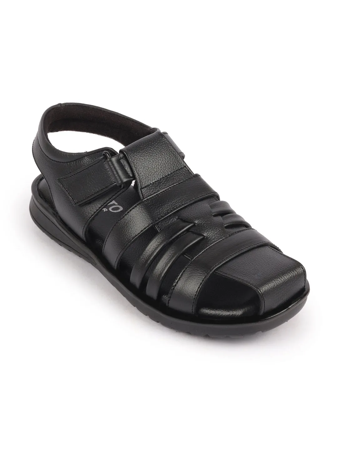 Men Black Genuine Leather Multi Strap Hook and Loop Closed Toe Fisherman Roman Sandals