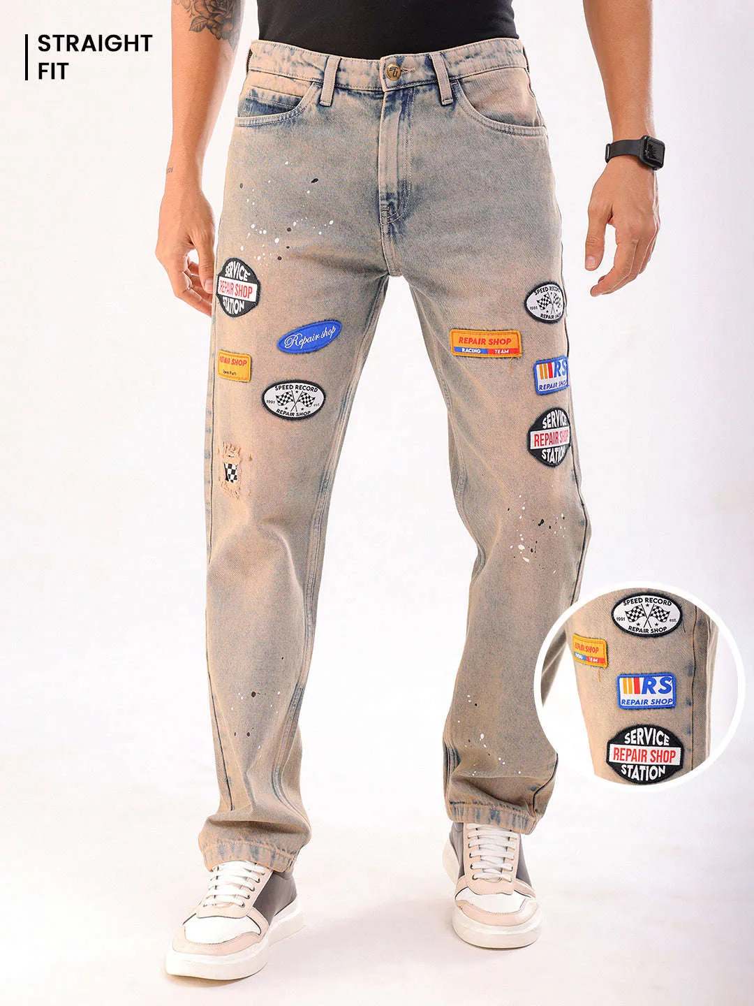 Men Blue Paint Splash G361 Vintage Straight Fit Jeans