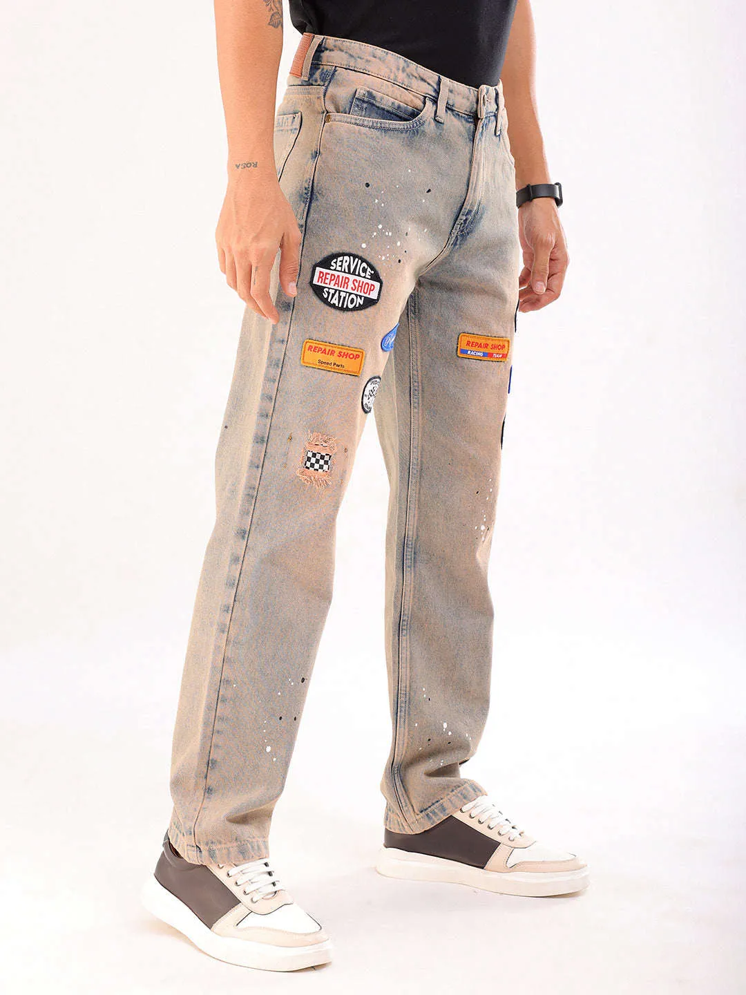 Men Blue Paint Splash G361 Vintage Straight Fit Jeans