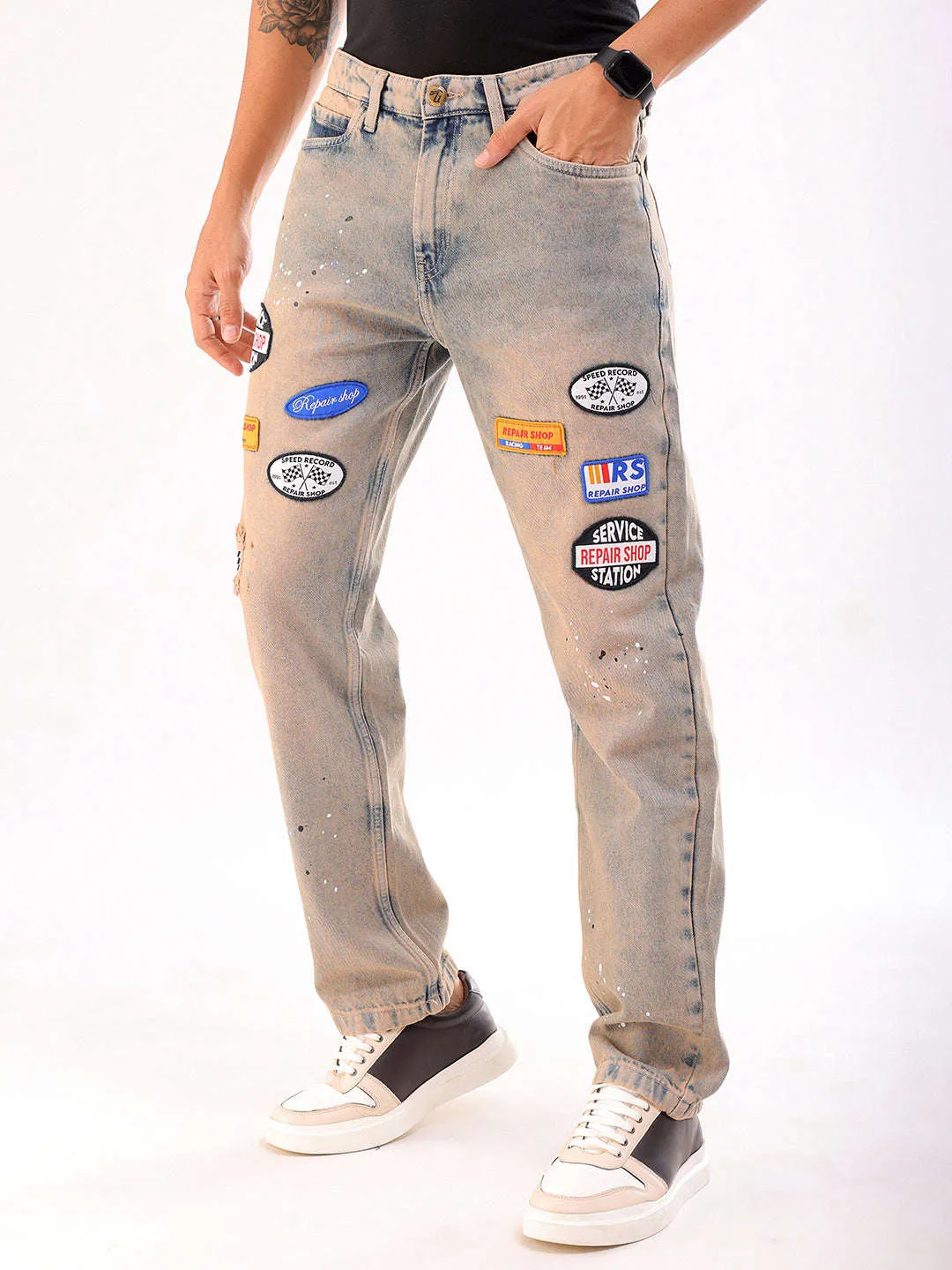 Men Blue Paint Splash G361 Vintage Straight Fit Jeans