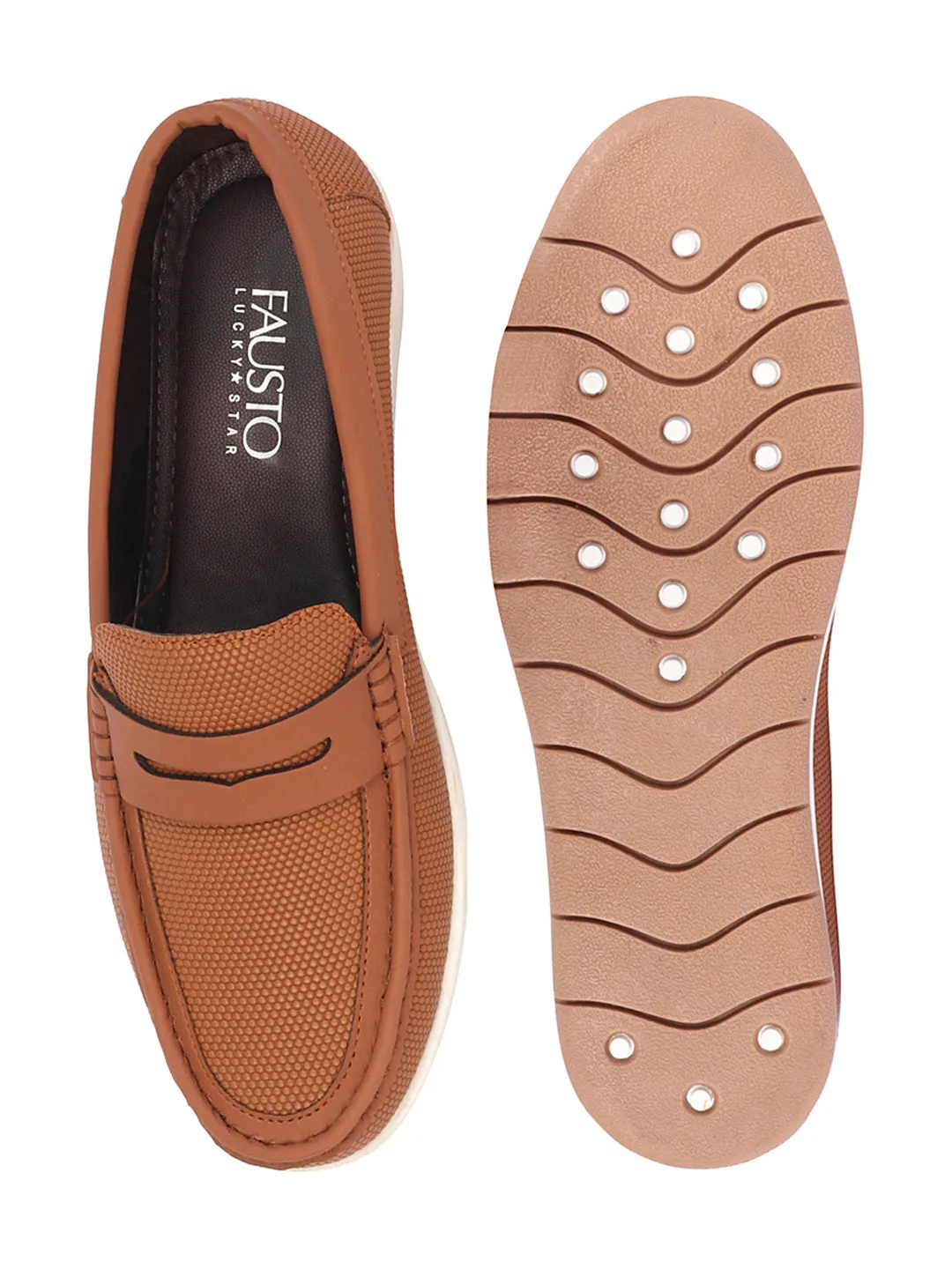 Men Tan Textured Design Casual Slip On Loafer Boat Shoes