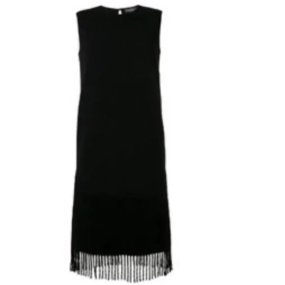 NWT Salvatore Ferragamo Black Knit Fringe Trim Dress