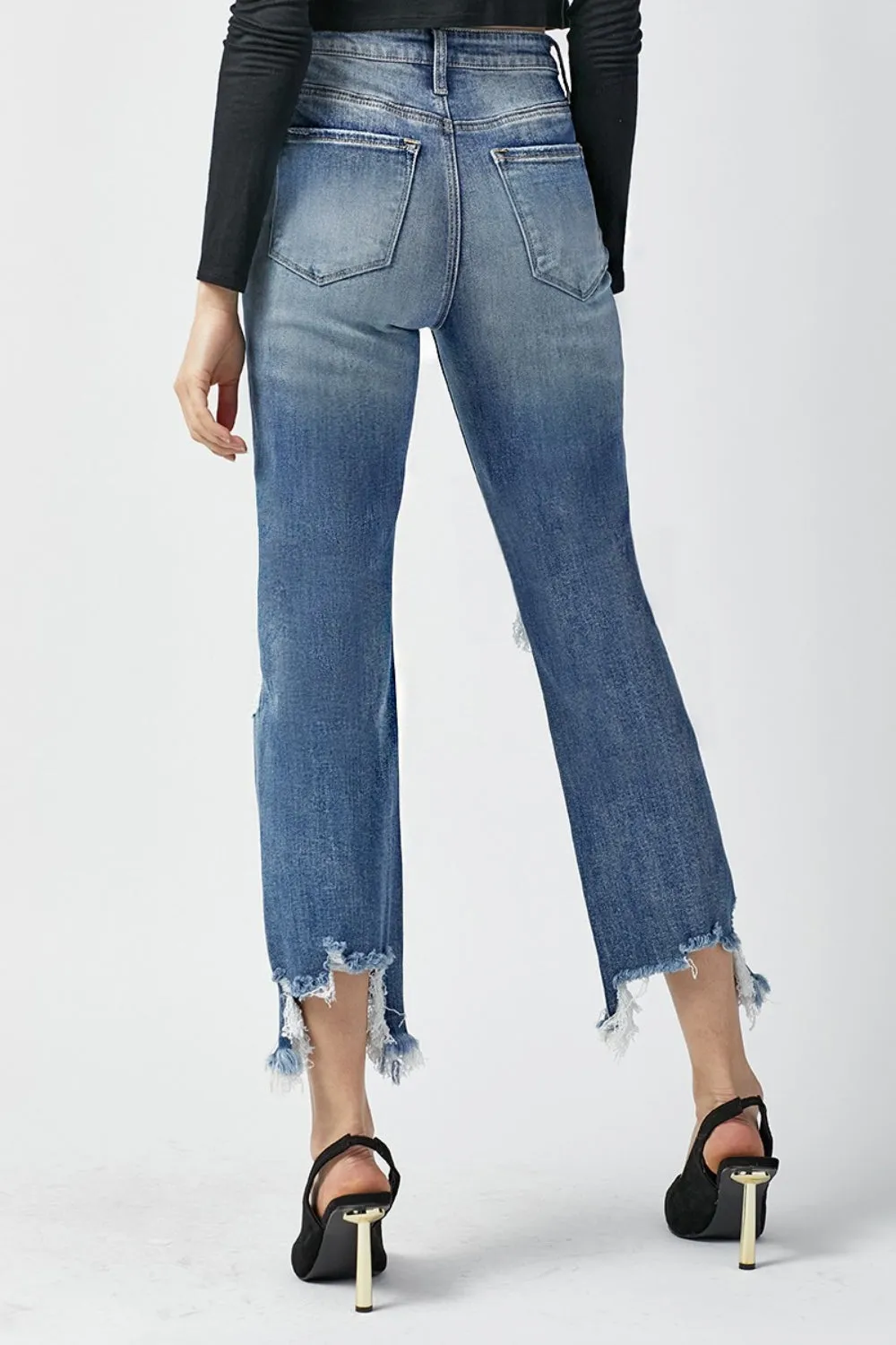 RISEN High Waist Distressed Frayed Hem Cropped Straight Jeans