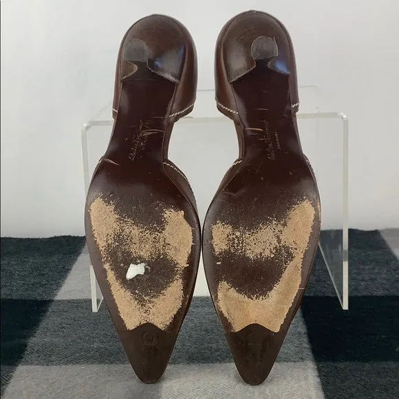 Salvatore Ferragamo Brown Pierced KittenHeelPumps