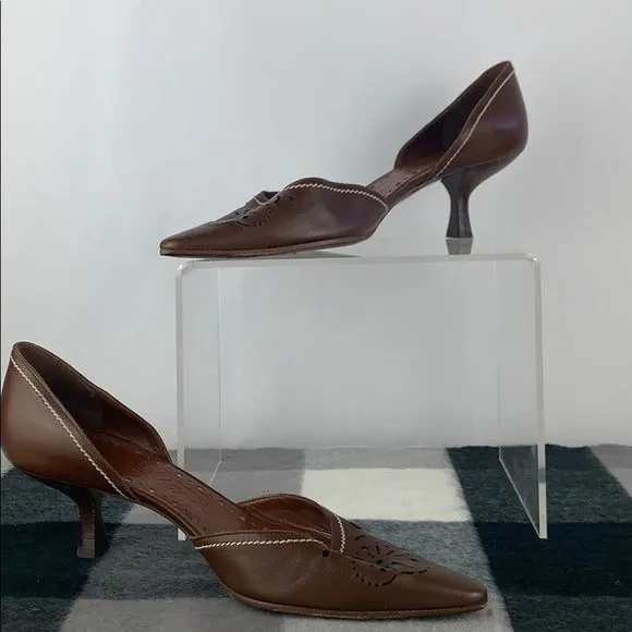 Salvatore Ferragamo Brown Pierced KittenHeelPumps