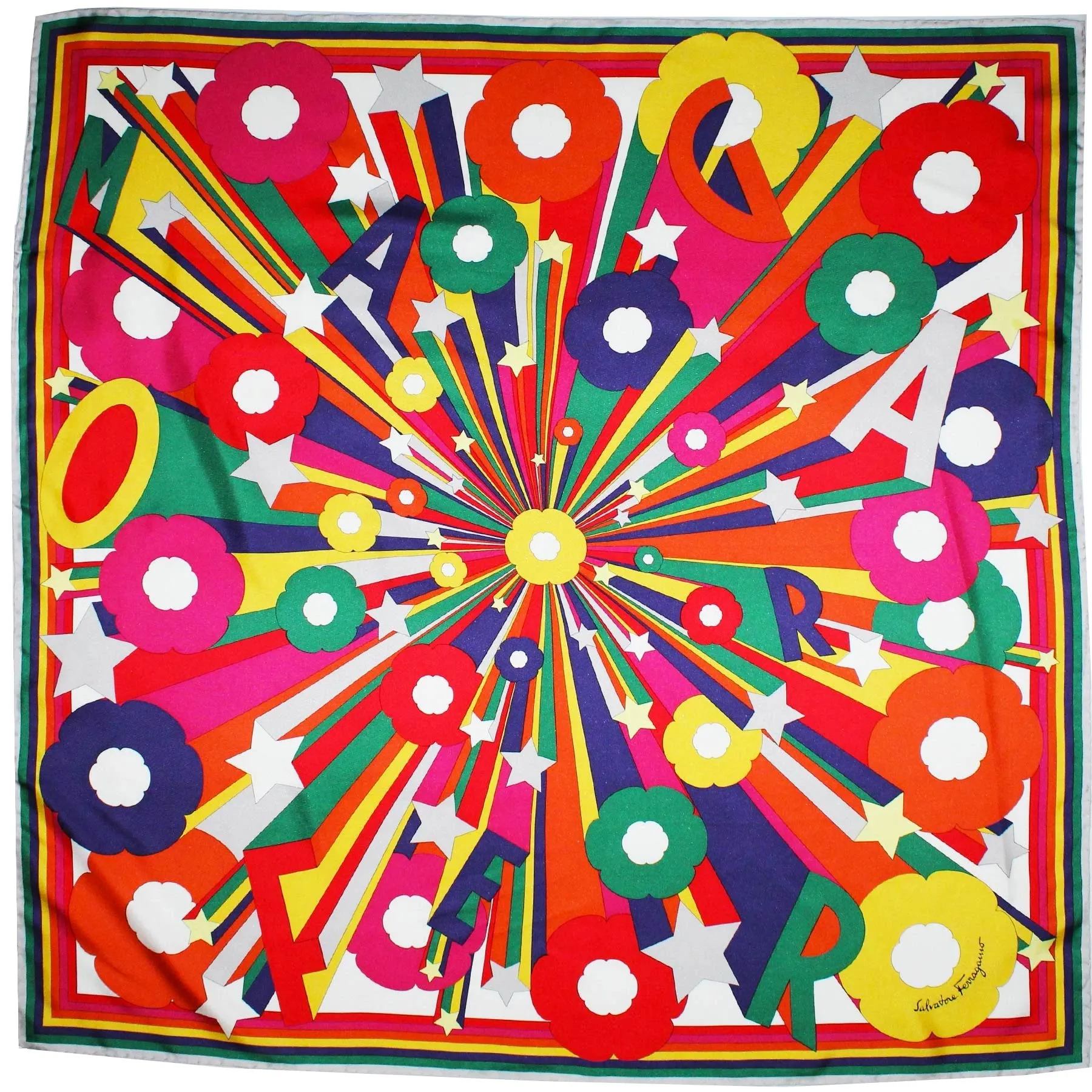 Salvatore Ferragamo Silk Scarf Rainbow Design - 36 Inch Square Foulard SALE