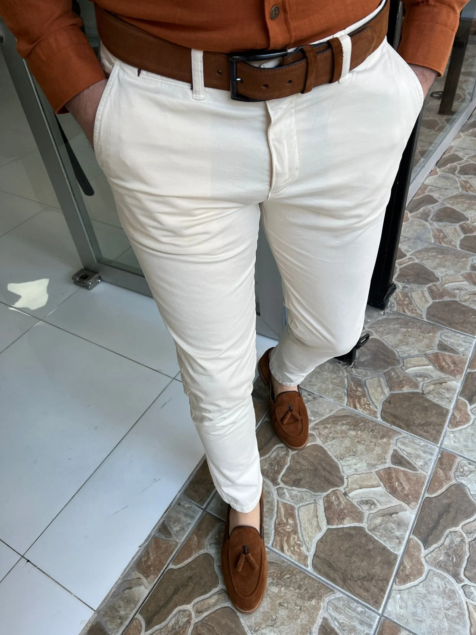 Slim Fit Cotton Cream Pants