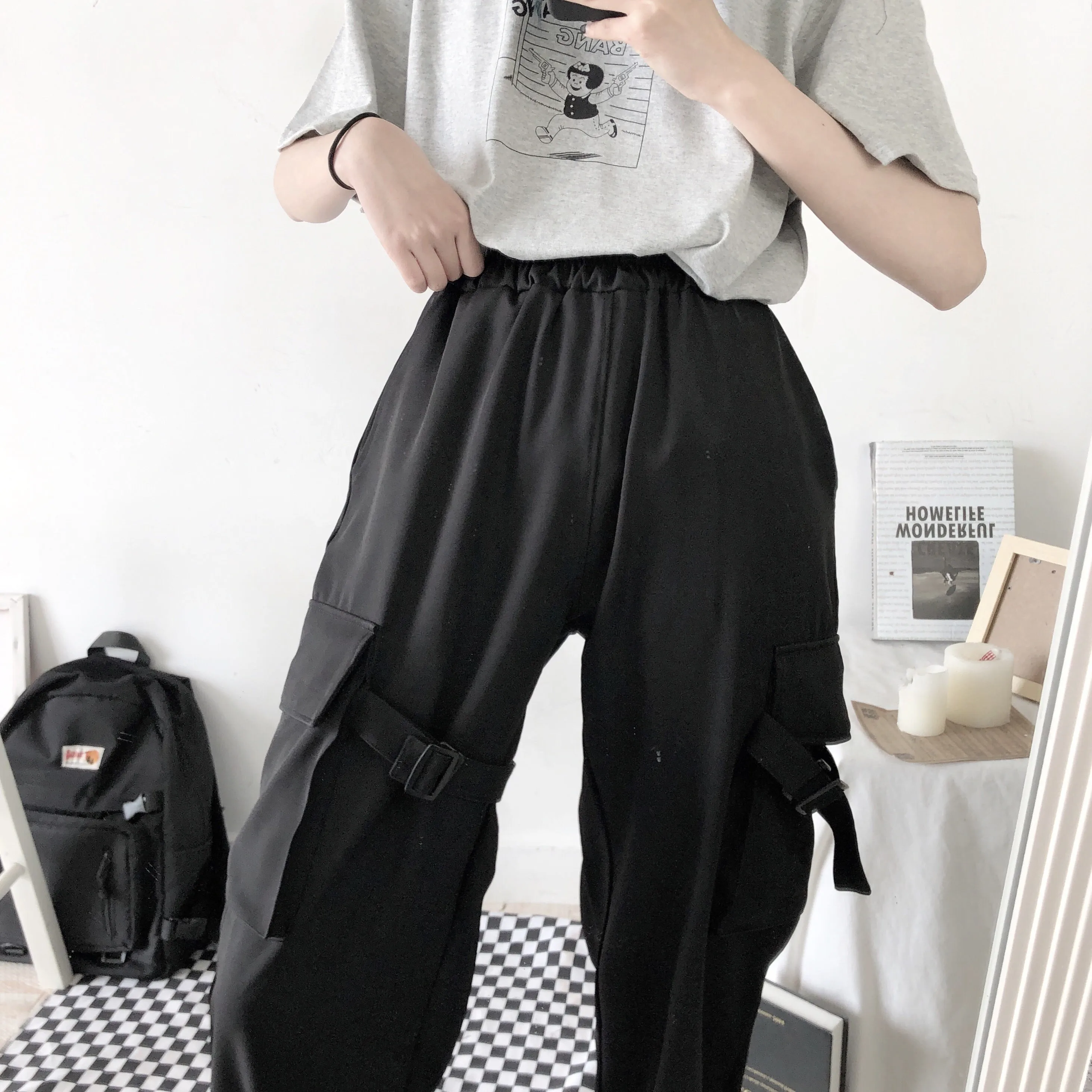 UNISEX FASHION BLACK POCKET WIDE LEG PANTS BY63059