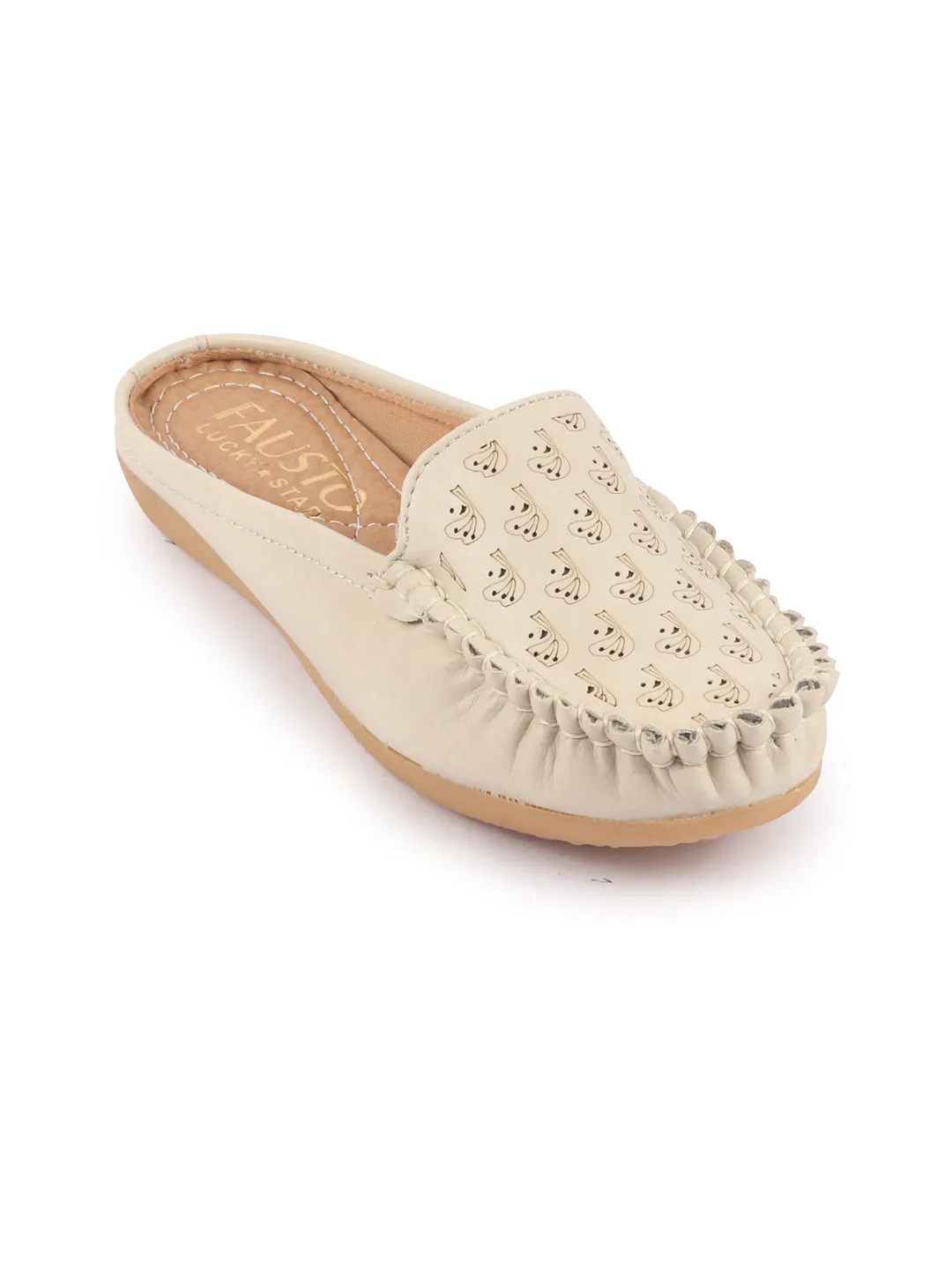 Women Cream Side Stitched Printed Back Open Slip On Mules Shoes